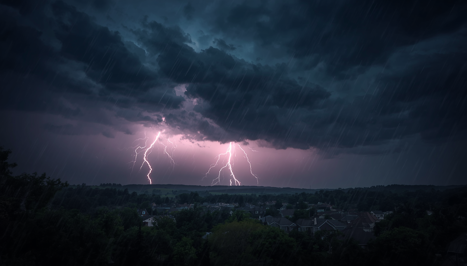 Dramatic storm scene with dark clouds, lightning bolts, and heavy rain over a residential area, showing safety awareness concept, photorealistic style with moody atmospheric lighting.jpg